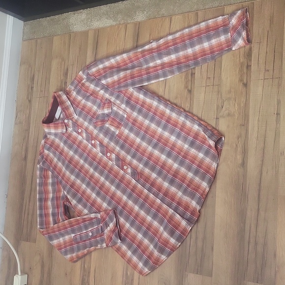 JEANSWEST Orange Red Gray Plaid Pearl Snap Pocket Roll-Tab Western Shirt - Picture 4 of 15